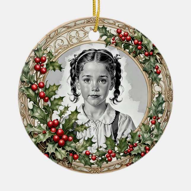 Holly Gerahmt Custom Christmas Foto Round Keramik Ornament (Vorne)