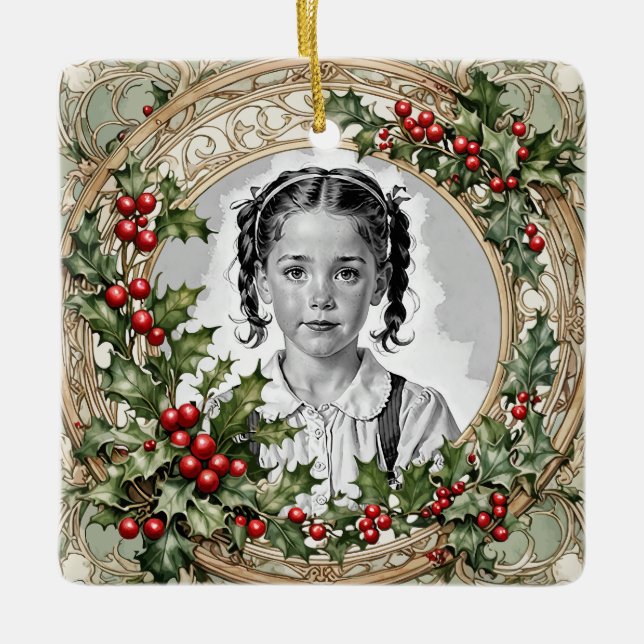 Holly Gerahmt Custom Christmas Foto Square Keramikornament (Vorderseite)