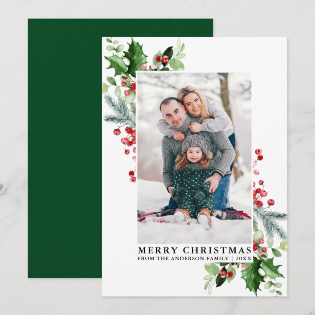 Holly Greenery Family Green Foto Feiertagskarte (Vorne/Hinten)