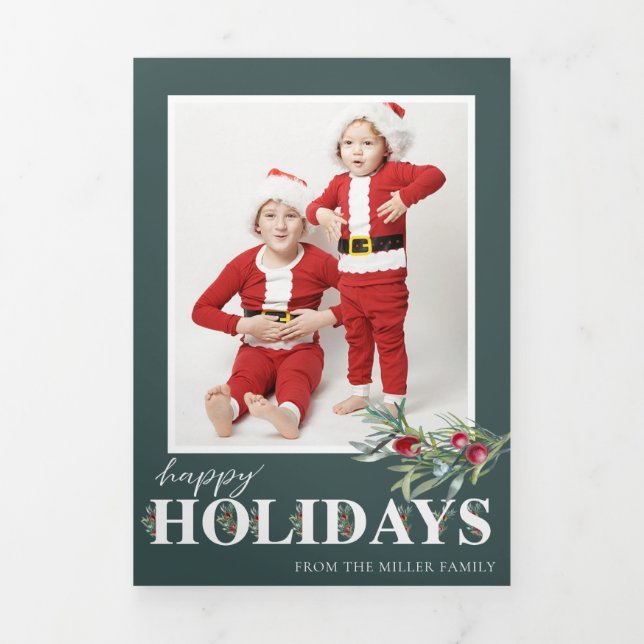 Holly Happy Holidays Trifold Foto Weihnachten Dreifach Gefaltete Urlaubskarte (Cover)
