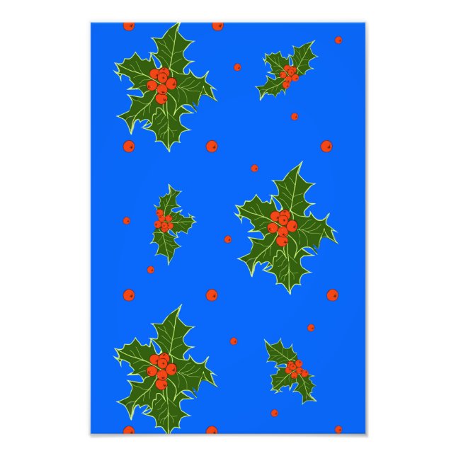 Holly (Ilex) Weihnachtsmotif auf blauem Hintergrun Fotodruck (Vorne)