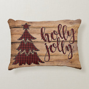 holly jolly Buffalo Plaid Christmas Tree Coussin