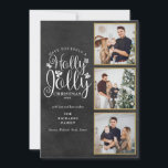 Holly Jolly Chalkboard 3 Foto Collage Feiertagskarte<br><div class="desc">Ein elegantes Holly Jolly 3 Foto Collage Urlaubsstil für Sie,  um mit Ihren Lieblings-Fotos in goldenen Rahmen,  Nachricht,  Namen und Jahr auf einem Chalkboard-Hintergrund zu personalisieren. Auf der Rückseite sind fallende Schneeflocken auf einem passenden Chalkboard-Hintergrund zu sehen. Entwickelt von Thisisnotme©</div>