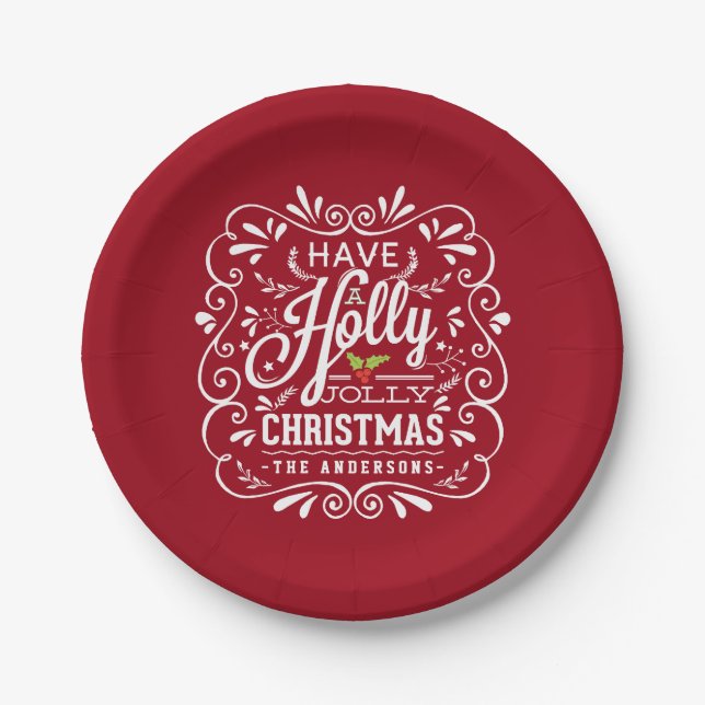 Holly Jolly Christmas Chalk Art Holiday Rotes Part Pappteller (Vorderseite)
