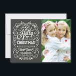 Holly Jolly Christmas Chalkboard Foto Card Feiertagskarte<br><div class="desc">Festive und folksy curly chalk-art Christmas Holiday greetings, Foto template on trendy flat cards. Whimsical chalkboard style swirly frame with white typography and retro mix of hand-lettered styles, decorated with frosty foliage and holly berries. Add your favorite holiday family foto and customize the text. Modern way to send happy winter...</div>