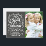 Holly Jolly Christmas Chalkboard Foto Card Feiertagskarte<br><div class="desc">Festive und folksy curly chalk-art Christmas Holiday greetings, Foto template on trendy flat cards. Whimsical chalkboard style swirly frame with white typography and retro mix of hand-lettered styles, decorated with frosty foliage and holly berries. Add your favorite holiday family foto and customize the text. Modern way to send happy winter...</div>