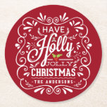 Holly Jolly Christmas Chalkboard Holiday Party Red Runder Pappuntersetzer<br><div class="desc">Genießen Sie ein Weihnachts-Weihnachtsfeiertag Untersetzer. Feierliche und volkstümliche Weihnachtsfeiertage im Kreidekunst-Stil. Whimsischer Kalkpappstil Wirbler Rahmen mit weißer Kreidekunsttypografie auf fröhlichem rotem Hintergrund und trendigem Retromix aus handgeschriebenen Stilen, mit frostigem Blattwerk und holzigen Beeren dekoriert. Fügen Sie Ihren eigenen personalisierten Gruß oder Familiennamen hinzu, um ein einzigartiges Thema für Ihren Urlaubstisch...</div>