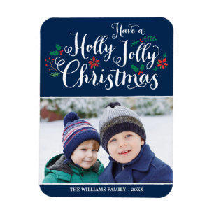 Holly Jolly Christmas Navy Blue Holiday Foto Magnet