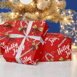Holly Jolly Christmas Red Candy Cane Gold Bows Geschenkpapier<br><div class="desc">Holly Jolly Extravagante Skript,  Weihnachts-Candy Cane,  Gold Bows,  Illustration Muster Red Wrapping Paper.</div>