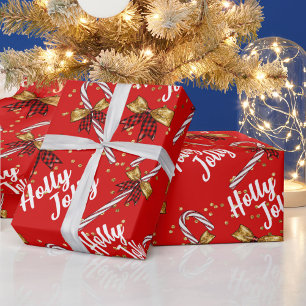 Holly Jolly Christmas Red Candy Cane Gold Bows Geschenkpapier