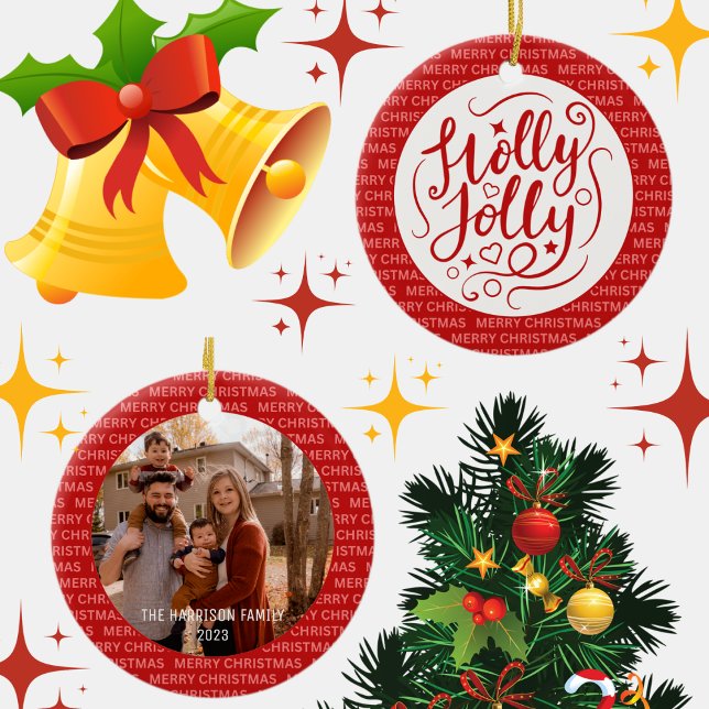 Holly Jolly Christmas Script Family Foto Red Keramik Ornament (Von Creator hochgeladen)