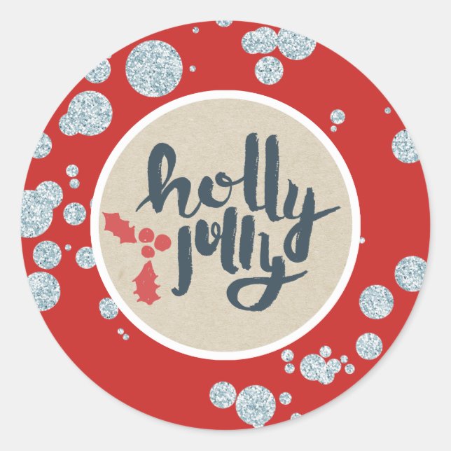 HOLLY JOLLY Christmas Silver Glitzer Kraft Holiday Runder Aufkleber (Vorderseite)