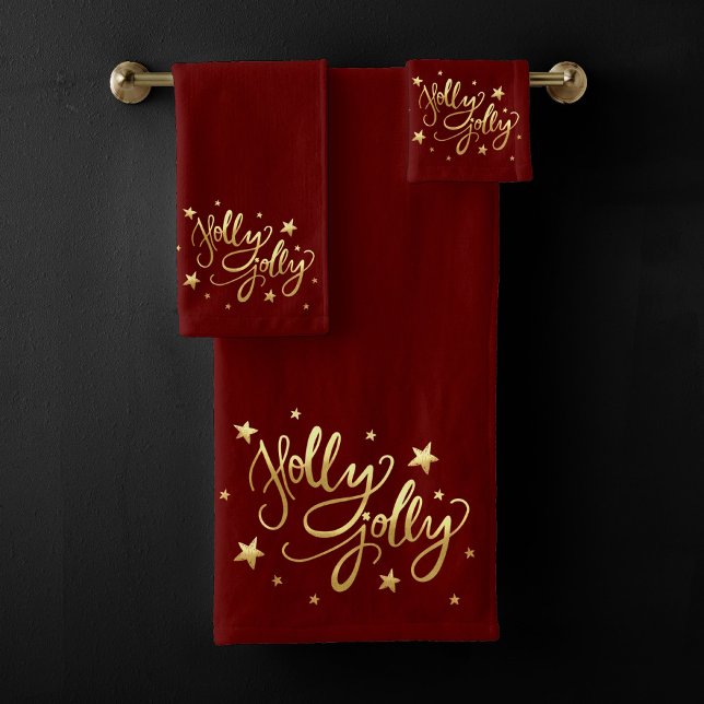 Holly Jolly | Elegante Gold Imitate Foil Script Badhandtuch Set (Von Creator hochgeladen)