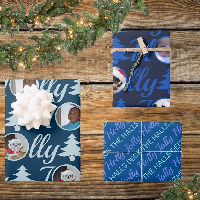 Holly Jolly Foto Collage Dark Blue Christmas Geschenkpapier Set (Von Creator hochgeladen)