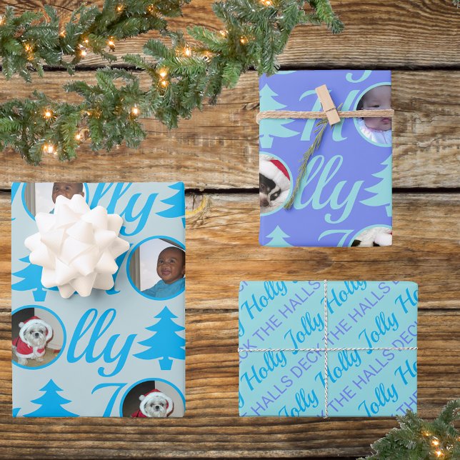 Holly Jolly Foto Collage Light Blue Christmas Geschenkpapier Set (Von Creator hochgeladen)