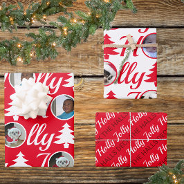 Holly Jolly Foto Collage Red White Christmas Geschenkpapier Set