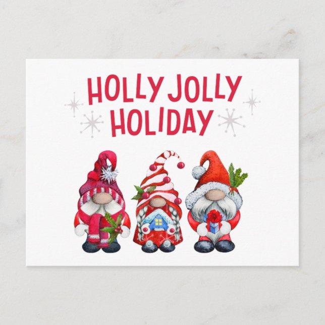 Holly Jolly Holiday Gnomes Feiertagspostkarte (Vorderseite)