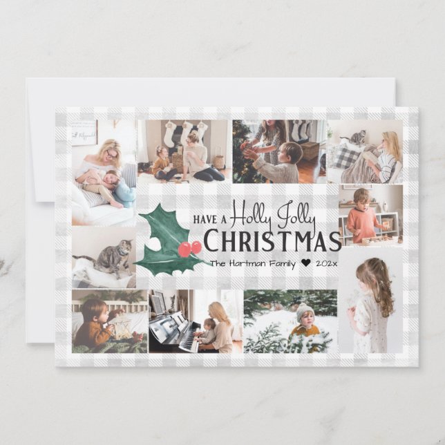 Holly Jolly Kariert Weihnachtsfoto Collage Feiertagskarte (Vorderseite)