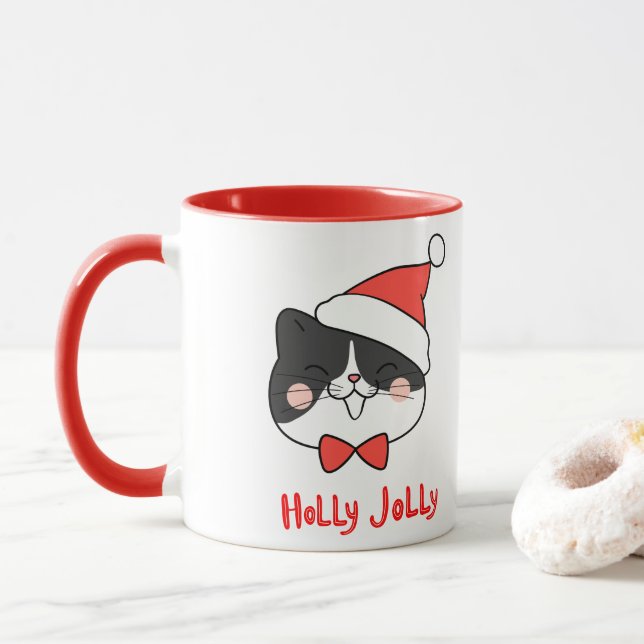 Holly Jolly Niedlich Kawaii Santa Cat Weihnachten Tasse (Mit Donut)
