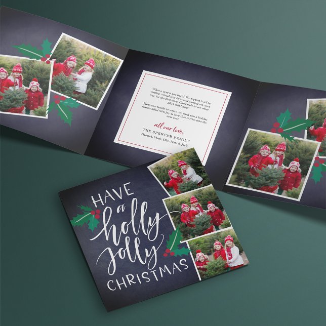Holly Jolly | Niedliches rustikales Multi-Foto Dreifach Gefaltete Urlaubskarte (Von Creator hochgeladen)