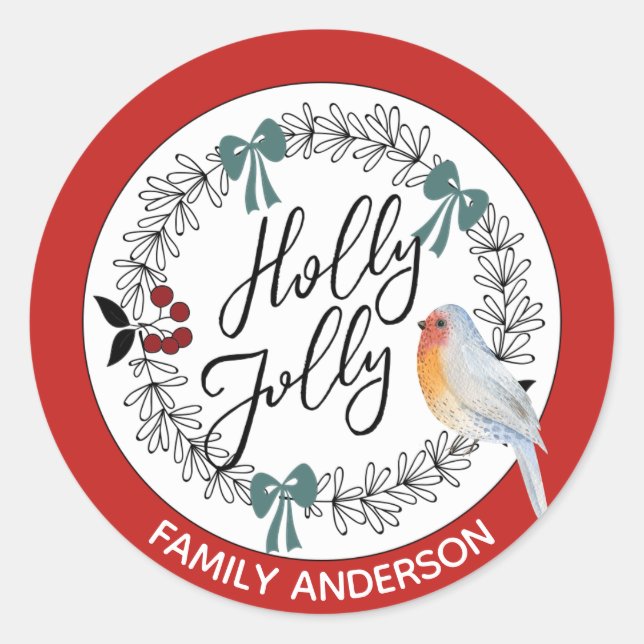 HOLLY JOLLY Personalisiert Christmas Robin Runder Aufkleber (Vorderseite)