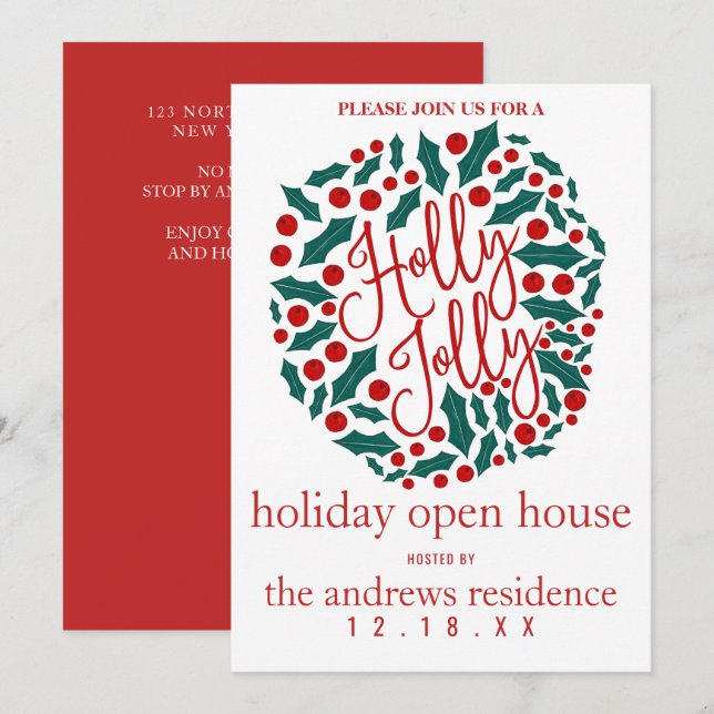 Holly Jolly Quote Leaf Berries Holiday Open House Einladung (Vorne/Hinten)