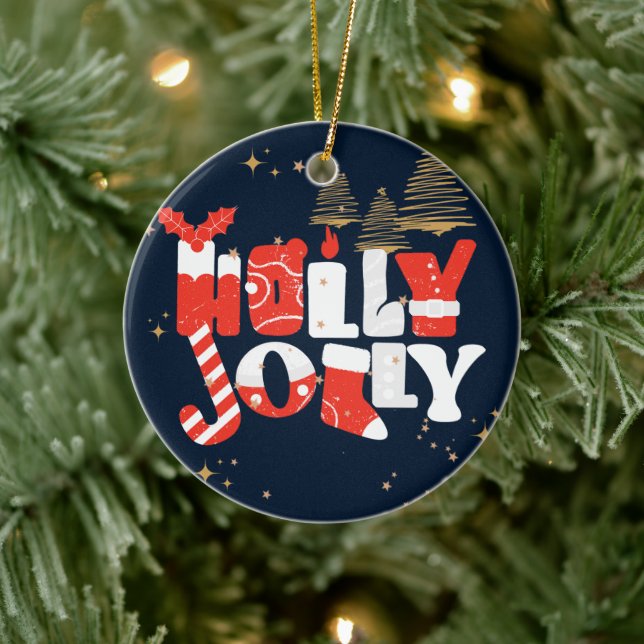 Holly Jolly Red White Gold Weihnachtsfest Keramik Ornament (Baum)