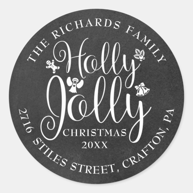 Holly Jolly Rücksendeadresse Christmas Chalkboard Runder Aufkleber (Vorderseite)
