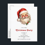 Holly Jolly Santa Claus Retro Weihnachten Einladungspostkarte<br><div class="desc">Weihnachts-Party Einladung-Postkarte mit einer fröhlichen Abbildung eines Vintagen Weihnachtsmannes mit roten,  roten Wangen,  mit seiner klassischen roten Weihnachtsmannmütze und seinem großen weißen Bären. Der heilige Geist dieses Designs wird durch einen Hauch von Heiligenschein unterstrichen.</div>