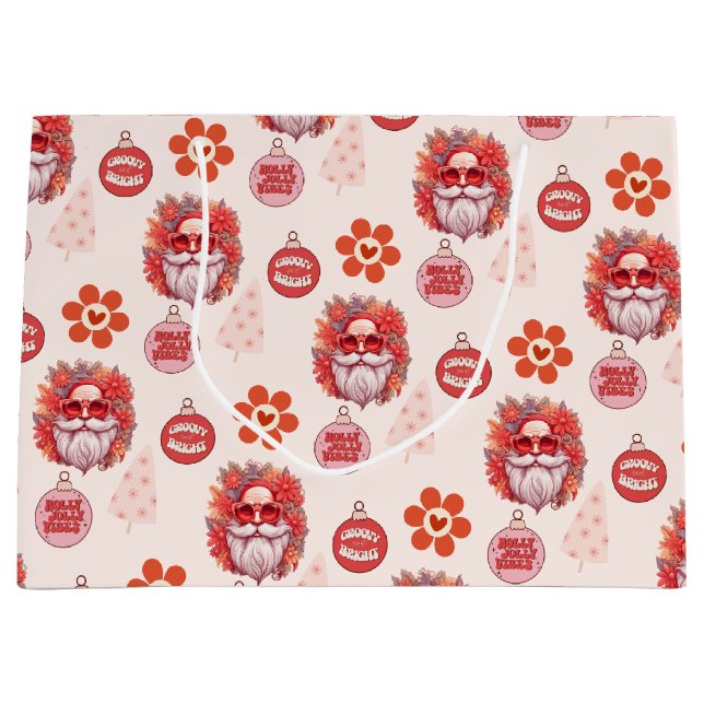 Holly Jolly Santa Vibes Pink Retro Holiday Große Geschenktüte (Vorderseite)