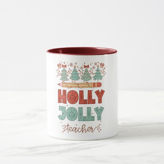 Holly Jolly Teacher Retro Weihnachten Tasse (Zentrum)