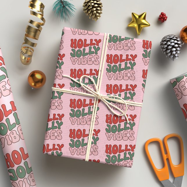 Holly Jolly Vibes Groovy Retro Weihnachten Geschenkpapier (Von Creator hochgeladen)