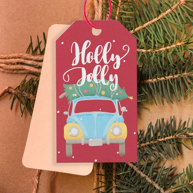 Holly Jolly Vintage Auto bunt Weihnachten Geschenkanhänger (Von Creator hochgeladen)
