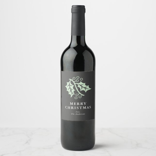 Holly Leaf und Berries Charcoal Grey Christmas Weinetikett (Vorderseite)