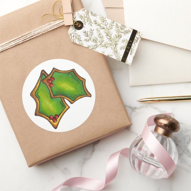 Holly Leaf Verlasse Weihnachtskeks Green Red Berry Runder Aufkleber (Schenken)