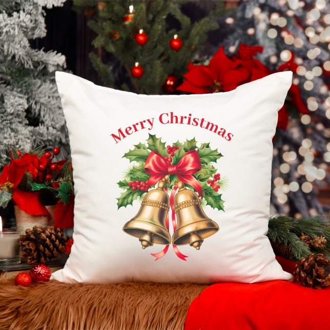 Holly Leaves & Berries Gold Bells Merry Christmas  Kissen (Von Creator hochgeladen)