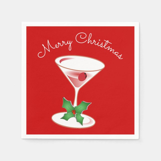 Holly Martini Cocktails Frohe Weihnachts-Party Rot Serviette (Vorderseite)