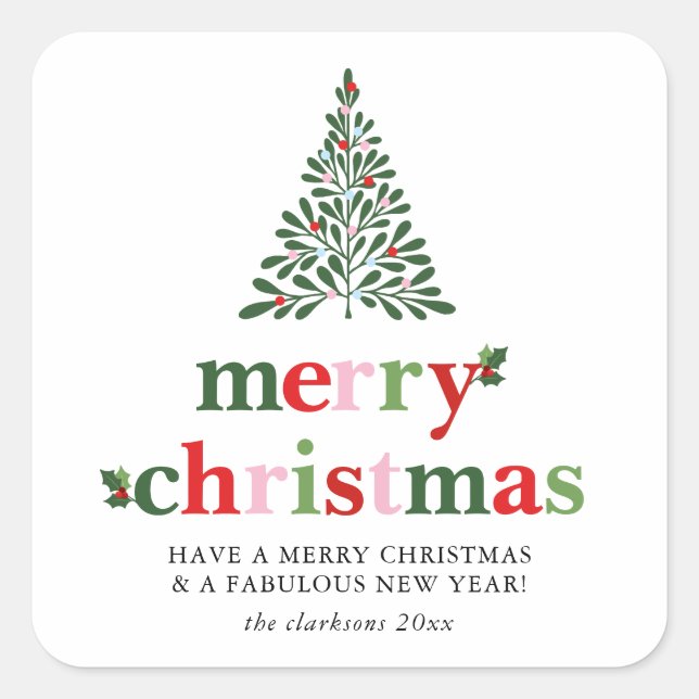 Holly Merry & Bright Christmas Quadratischer Aufkleber (Vorderseite)
