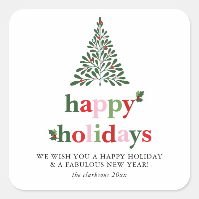 Holly Merry & Bright Holiday Card Quadratischer Aufkleber (Vorderseite)