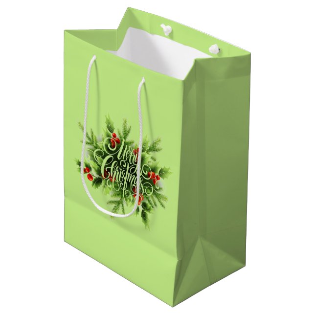 Holly Merry Christmas Medium Geschenktasche Mittlere Geschenktüte (Vorderseite Schrägansicht)