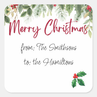 Holly Merry Weihnachtslabel mit bearbeitbaren Name Quadratischer Aufkleber