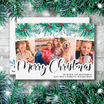 Holly Mistletoe 3 Foto Frohe Weihnachtsschrift Feiertagskarte<br><div class="desc">Wasserfarbe Holly und Mistletoe Frohe Weihnachtskarte, personalisiert mit 3 Ihrer Lieblings-Fotos und Handschrift. Die Fotovorlage ist für Sie Set, um ein horizontales Foto und 2 vertikale Fotos sowie Ihre personalisierte Begrüßung hinzuzufügen. Traditionelles und klassisches Design, das mit Heiligen, Beeren, Misteloe und einer Kerzenleuchte dekoriert ist. Fröhliche Weihnachten wird mit Bouncy-Schrift...</div>