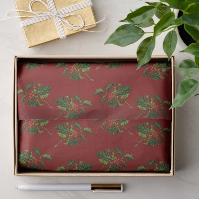 Holly mit Red Berries über texturierten Hintergrun Seidenpapier (Geschenk)
