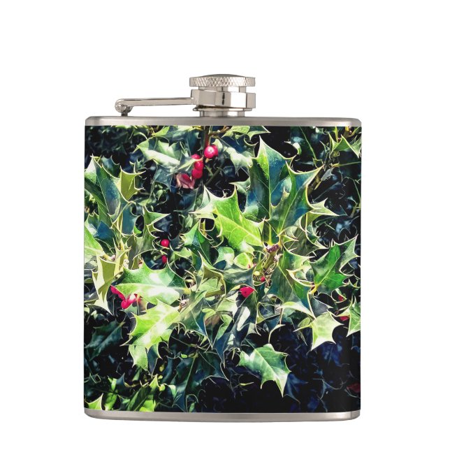 Holly mit roten Beeren Flachmann (Vorderseite)