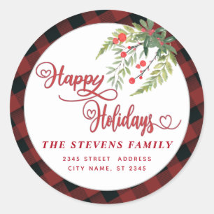 Holly Modern kariert red script Happy Holidays Runder Aufkleber