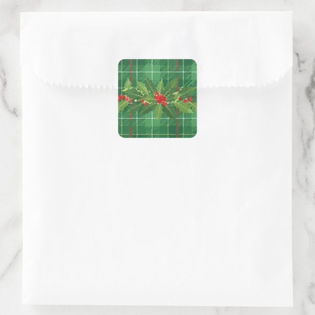 Holly on Christmas Kariert 2 Quadratischer Aufkleber (Tasche)