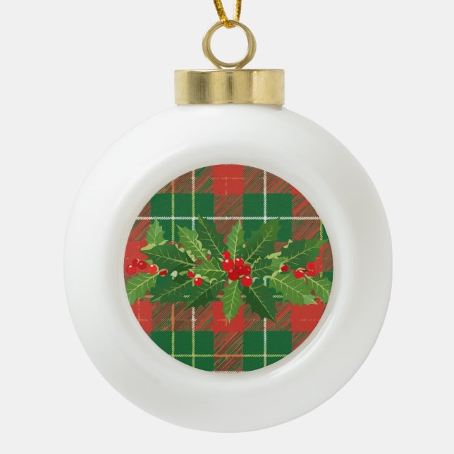 Holly on Christmas Kariert 4 Keramik Kugel-Ornament (Vorderseite)