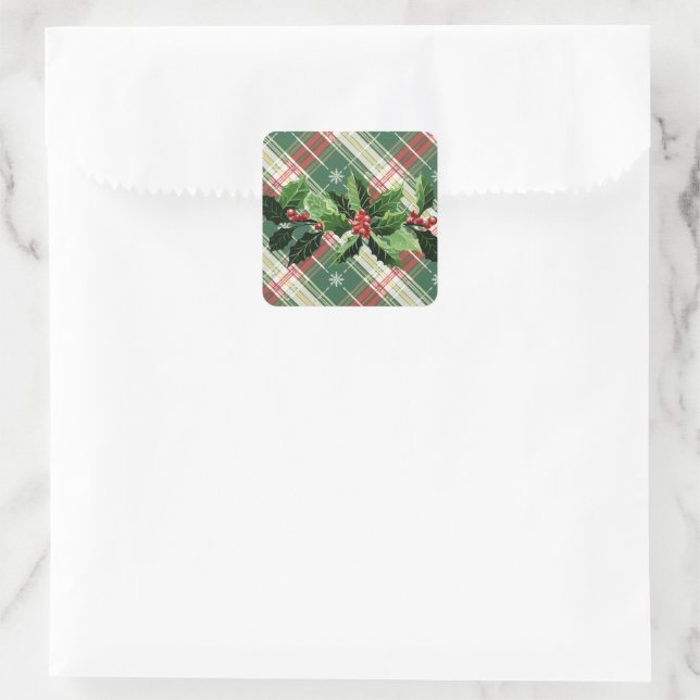 Holly on Christmas Kariert 9 Quadratischer Aufkleber (Tasche)