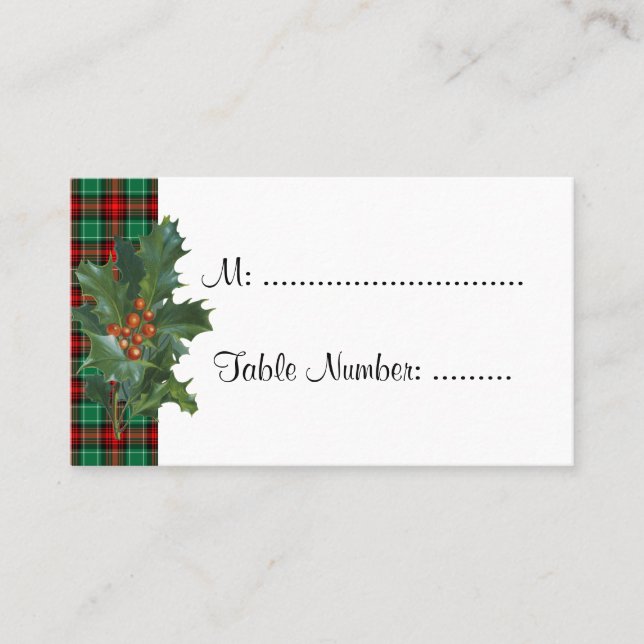 Holly on Red Green Kariert Custom Table Cards Platzkarte (Vorderseite)