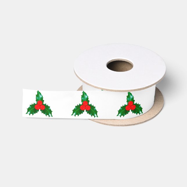 Holly on White Ribbon Satinband (Spule)